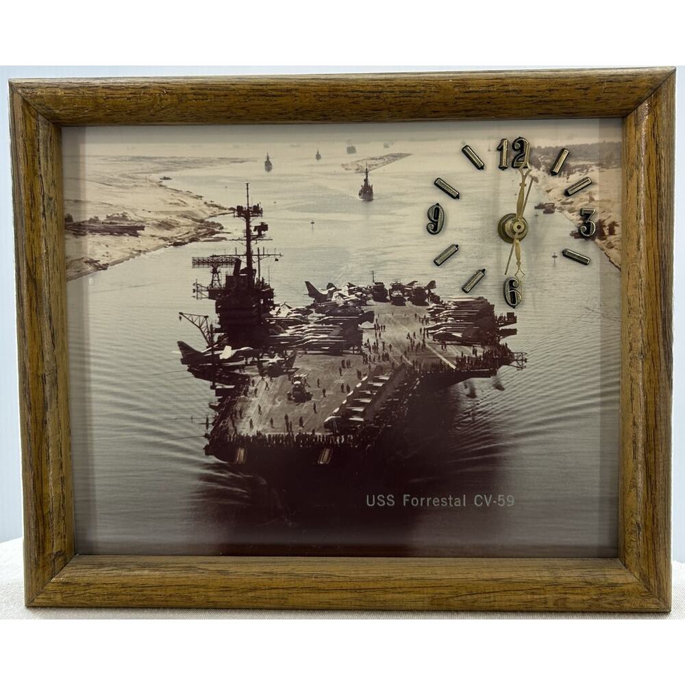 USS Forrestal CV-59 Navy Supercarrier Wall Clock Wooden Frame Vintage Working